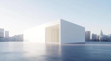 Modern white building on rooftop overlooking city photo