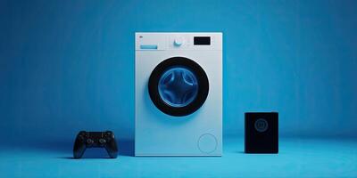 A washing machine and a controller on a blue background photo