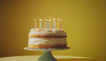 Birthday cake with colorful candles on a pastel stand photo