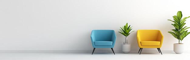 Modern Minimalist Living Room with Colorful Armchairs and Plants photo