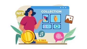 Woman Holding Gold Coin, Looking at Computer Screen with Icons, NFT Trading 2D Explainer Animation, Cryptocurrency and Digital Assets Visuals in 4K video