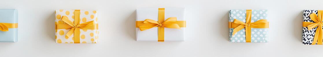 Four gift boxes with yellow ribbons on a white background photo