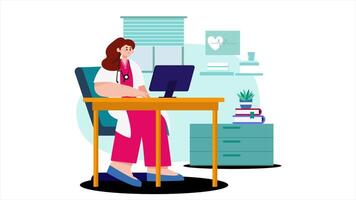 2D Explainer Animation of Woman Doctor in Uniform Sitting at Desk with Computer, Perfect for Pharmacy and Medical Education in Crisp 4K Resolution video