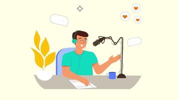 Cartoon Man Podcast 2D Animation in 4K Resolution, Radio Broadcasting, Live Streaming Scene, and Digital Audio Content Creation Animation video