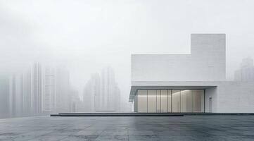 Modern minimalist building in a foggy urban landscape photo