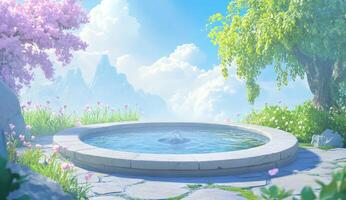 Serene mountaintop fountain surrounded by vibrant spring blossoms photo
