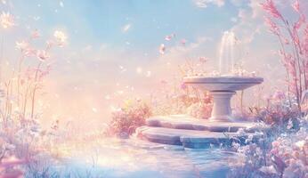 Pastel garden fountain scene photo