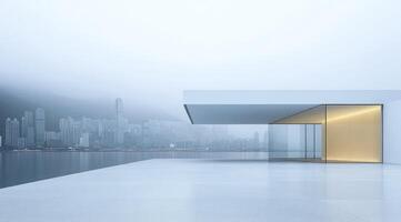Modern architectural exterior overlooking a city skyline photo