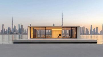 Modern floating house on water, city view photo