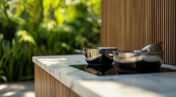 Two pots on a counter next to a wooden wall photo