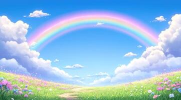 Rainbow over a flower-filled meadow photo
