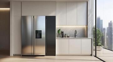 Modern kitchen with city view. Bright, minimalist design, featuring stainless steel appliances, light cabinets, and a balcony overlooking a cityscape photo