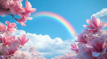 Delicate blossoms framed by a vibrant rainbow, bathed in soft sunlight. A dreamy, ethereal scene photo