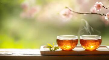 Two cups of steaming tea on a bamboo tray, springtime blossoms in the background photo