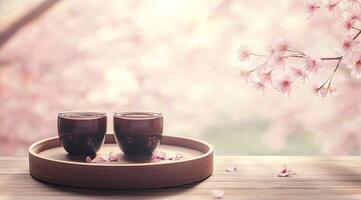 Two cups of tea on a wooden tray, surrounded by cherry blossoms photo