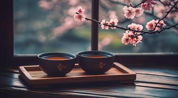 Two cups of tea on a tray with a cherry blossom photo