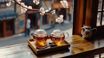 Tranquil tea moment by window photo