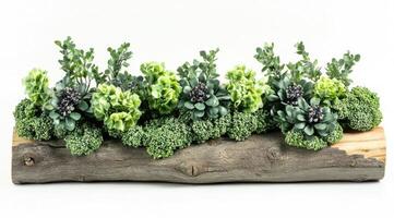 Rustic plant arrangement on a wooden log photo
