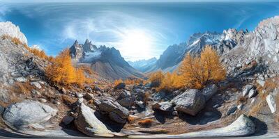A 360 - view of a mountain range with trees and rocks photo
