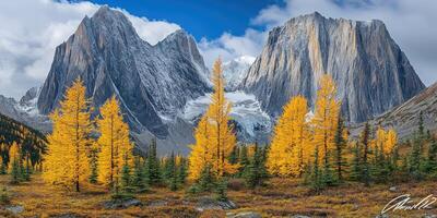 The mountains are covered with yellow trees photo