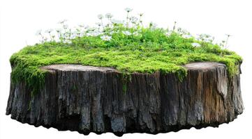 Rustic garden planter made of a tree stump with moss and small white flowers photo