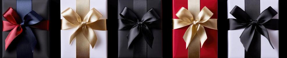 A set of six black, red, and gold gift boxes photo