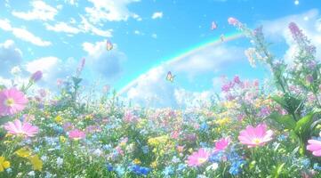A vibrant field of flowers, butterflies, and a rainbow photo