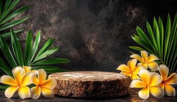 Empty wooden podium surrounded by tropical flowers and leaves photo
