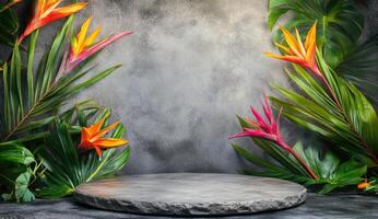 Tropical display platform with vibrant flowers and foliage photo