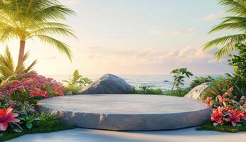 Tranquil coastal display platform, bathed in sunrise hues photo