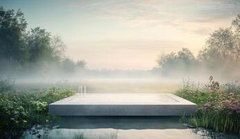 Tranquil, elevated platform amidst a misty meadow photo