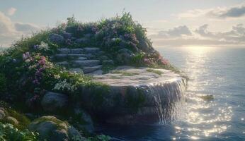 Coastal stone steps, cascading waterfall, floral oasis photo