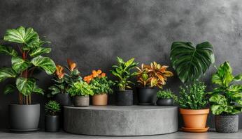 Potted plants on a round podium against a dark wall photo