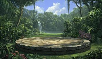 Lush tropical clearing with stone platform photo