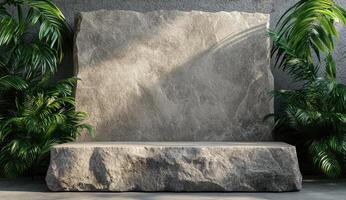Rustic stone podium, tropical plants photo
