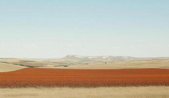 Vast, ochre landscape, a vibrant red field stretches before a light beige horizon, a distant mountain range photo