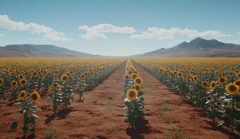 Sunflowers bloom in a desert landscape photo