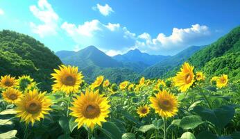 Sunflowers bloom in a valley surrounded by mountains photo