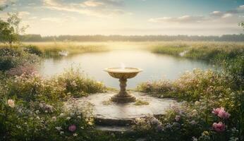 Serene garden fountain by a tranquil lake photo