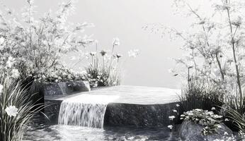 Serene waterfall cascading over rocks, amidst white flowers and grasses photo
