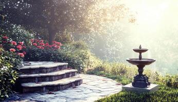 Serene garden steps leading to a fountain photo