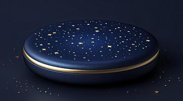 Dark navy blue circular pedestal, adorned with gold stars, sits on a dark background photo