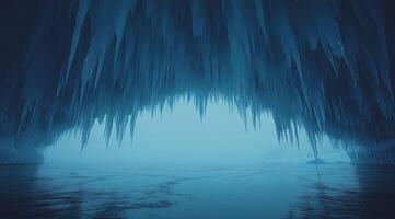 Ice cave, icy formations, serene blue photo
