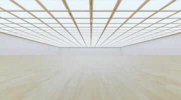 Empty, light-filled, minimalist space with wooden accents photo