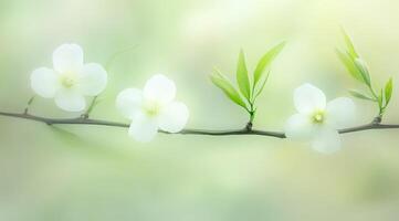 White flowers on a branch with green leaves photo