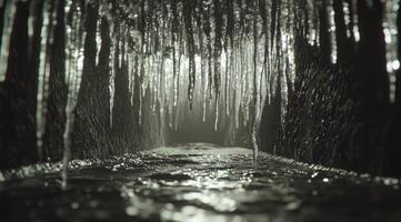 Frozen cave passage. Icicles hang heavy in a narrow tunnel photo
