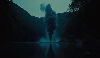 Dark smoke plumes over a still river, nestled in a valley photo