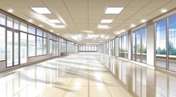 An empty hallway with large windows and a large floor photo