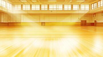 Empty gymnasium bathed in golden sunlight photo