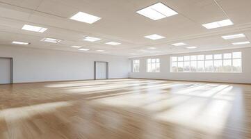 Empty modern office space, bright and spacious. Sunlight streams through large windows, illuminating light-colored floors and walls photo